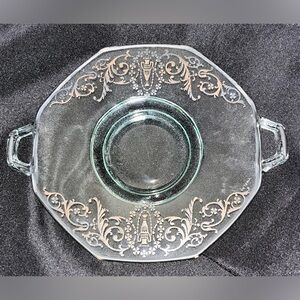 VTG 1920-1940 Octagonal 8" Glass Platter Sterling Silver Floral Overlay Art Deco